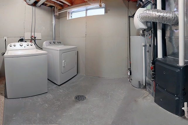 Basement with a white washer and dryer set.