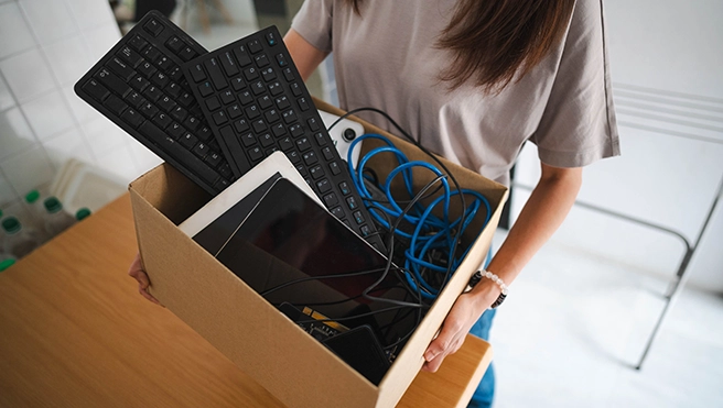 A woman holding a cardboard box filled with computer keyboards and cords.
