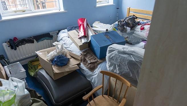 A bedroom full of junk.