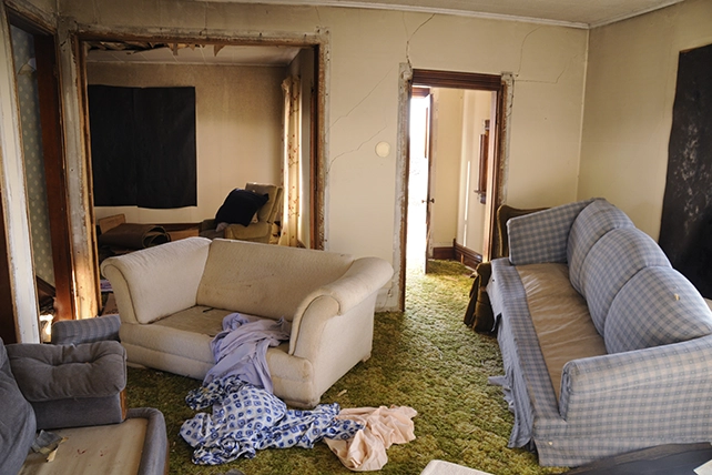 A living room with old carpet and couches.