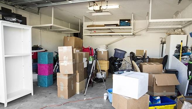 A garage in the process of clean out with several cardboard boxes.