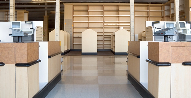 A retail space with old equipment.