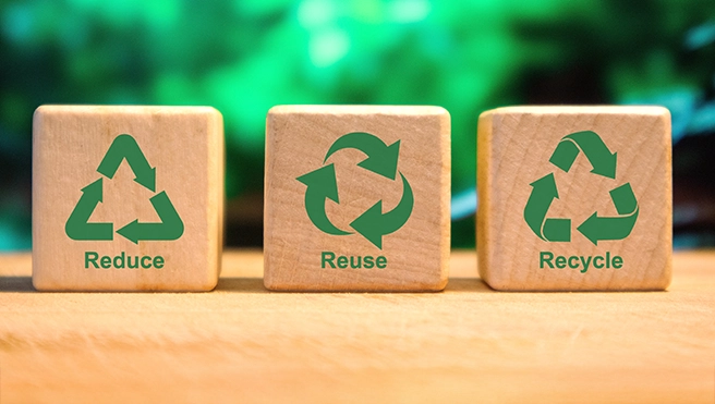 Wooden blocks with Reduce, Reuse, and Recycle